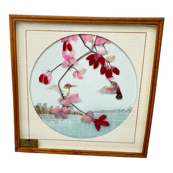 VINTAGE Hummingbird Feather Art 3D Framed 12"x12" CAC Collectors Floral Picture - Picture 1 of 8